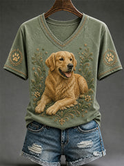 Women's Retro Dog Print Casual V-Neck Tee