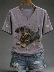 Women's Retro Dog Print Casual V-Neck Tee