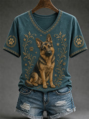 Women's Retro Dog Print Casual V-Neck Tee