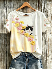 Women's cute cat and flower pattern printed casual short-sleeve T-shirt