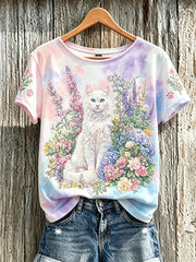 Women's cute cat and flower pattern printed casual short-sleeve T-shirt