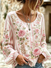 Women's pink floral print cotton and linen shirt