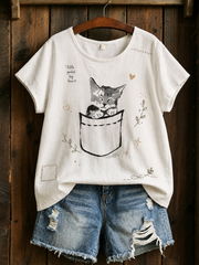 Women's Cat Lover Stylish Design linen short-sleeved T-shirt