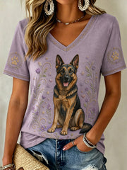 Women's Retro Floral Dog Print Casual V-Neck Tee