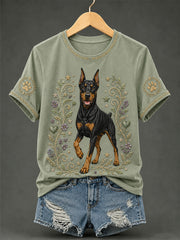 Women's Retro Floral Dog Print Casual Tee