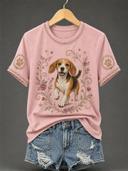 Women's Retro Floral Dog Print Casual Tee