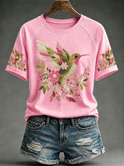 Women’s Pink Hummingbird Print Casual T-Shirt