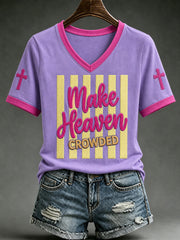 Women's Christian Make Heaven Crowded Cross Printed Short Sleeve T-shirt