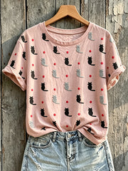 Women's Lovely Cats Print Round Neck Short-sleeved T-shirt