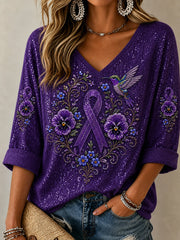 Women's Purple Floral & Hummingbird Print Alzheimer's Awareness Support Mid-length Sleeves V-Neck Top