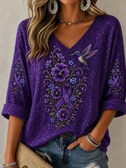 Women's Purple Floral & Hummingbird Print Alzheimer's Awareness Support Mid-length Sleeves V-Neck Top