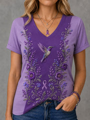 Women's Purple Floral & Hummingbird Print Alzheimer's Awareness Support V-Neck Tee