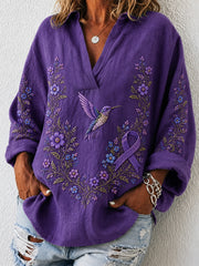 Women's Purple Floral & Hummingbird Print Alzheimer's Awareness Support V-Neck Shirt