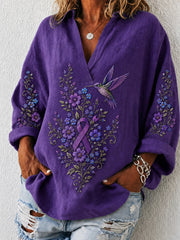 Women's Purple Floral & Hummingbird Print Alzheimer's Awareness Support V-Neck Shirt