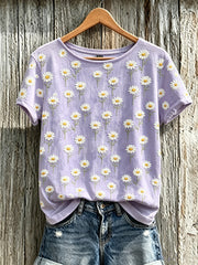Women's purple plant flower pattern printed casual short-sleeved T-shirt