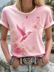 Women's Breast Cancer Pink Flowers Printed T-shirt
