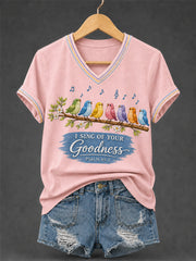 Women's I Will Sing Of The Goodness Of God Psalm 89:1 Christian Bird Print Casual V-Neck Tee
