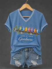 Women's I Will Sing Of The Goodness Of God Psalm 89:1 Christian Bird Print Casual V-Neck Tee