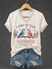 Women's I Sing Of Your Goodness Psalm 89:1 Christian Bird Print Casual V-Neck Tee