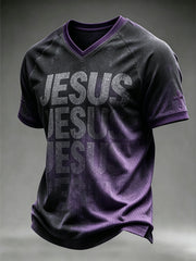 Men's Faith Pattern Printed Gradient Color Leisure V-neck T-shirt