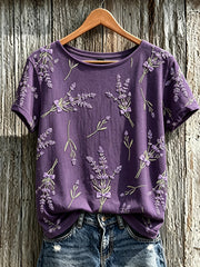 Women's Purple Plant Flower Pattern Printed Casual Short-Sleeved T-shirt