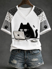 Women's Fun Black Cat Casual Print T-shirt