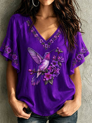Women's Alzheimer's Awareness Hummingbird Flowers Hang Shot Short Sleeve T-Shirt