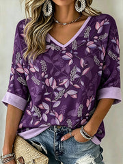Women's Purple Plant Flower Pattern Printed Casual Mid-length Sleeves V-Neck T-Shirt