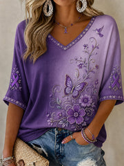 Women's Purple Floral & Butterfly Print Alzheimer's Awareness Support Half-Sleeves V-Neck T-Shirt