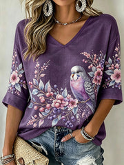 Women's purple floral and bird pattern printed casual linen short-sleeved T-shirt
