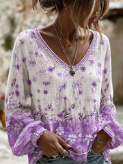 Women's Purple Flora Art Print Cotton-Linen Shirt