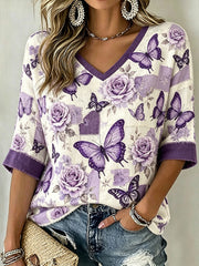 Women's Butterfly and Flower Pattern Printed Linen Casual Short Sleeves T-Shirt