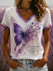 Women's Purple Flora Art Printed V-neck T-shirt