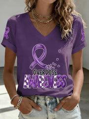 Women's Overdose Awareness Purple Ribbon Print T-shirt