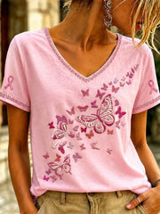 Women's Breast Cancer Pink Art Printed V-neck T-shirt
