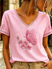 Women's Breast Cancer Pink Art Printed V-neck T-shirt