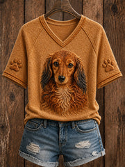 Women's Cute Dachshund Art V-neck Short Sleeve T-shirt