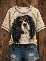 Women's Cute Cavalier King Charles Spaniel Art Round Neck Short Sleeve T-shirt