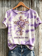 Women's retro floral and cross pattern print tie-dye design casual short-sleeve T-shirt