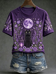 Women's purple floral and cat pattern printed casual short-sleeve T-shirt