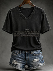 Women's Christian John 3:16 For God So Loved The World Cross Short Sleeve V-neck T-shirt