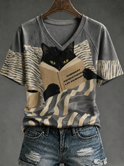 Women's Cute cat print V-neck off-shoulder short-sleeved T-shirt