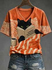Women's Cute cat print V-neck off-shoulder short-sleeved T-shirt