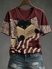 Women's Cute cat print V-neck off-shoulder short-sleeved T-shirt