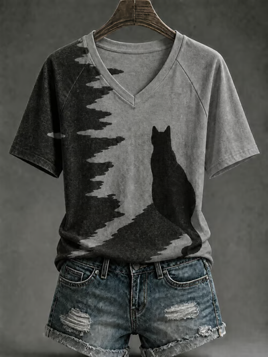 Women's Cute cat print V-neck off-shoulder short-sleeved T-shirt