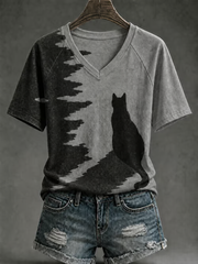 Women's Cute cat print V-neck off-shoulder short-sleeved T-shirt