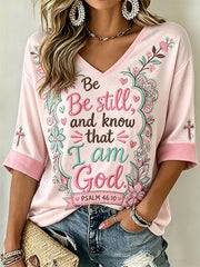 Women's faith-themed fun slogan pattern printed casual mid-length sleeves V-neck T-shirt
