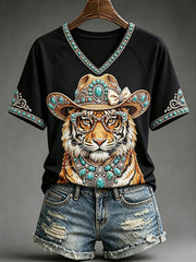Women's Fun Western Tiger V-Neck T-Shirts