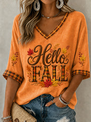 Women's Hello Fall Mid-length Sleeves V-Neck T-Shirt