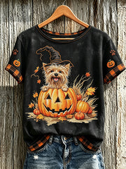 Women's Fall Halloween Cute Animal Pattern Printed Casual Short Sleeve T-Shirt